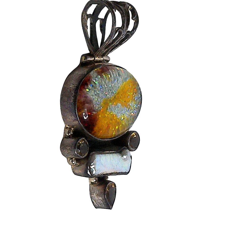 Vintage 925 Sterling Silver Multi Color Dichroic Glass Citrine Pendant - Picture 4 of 6
